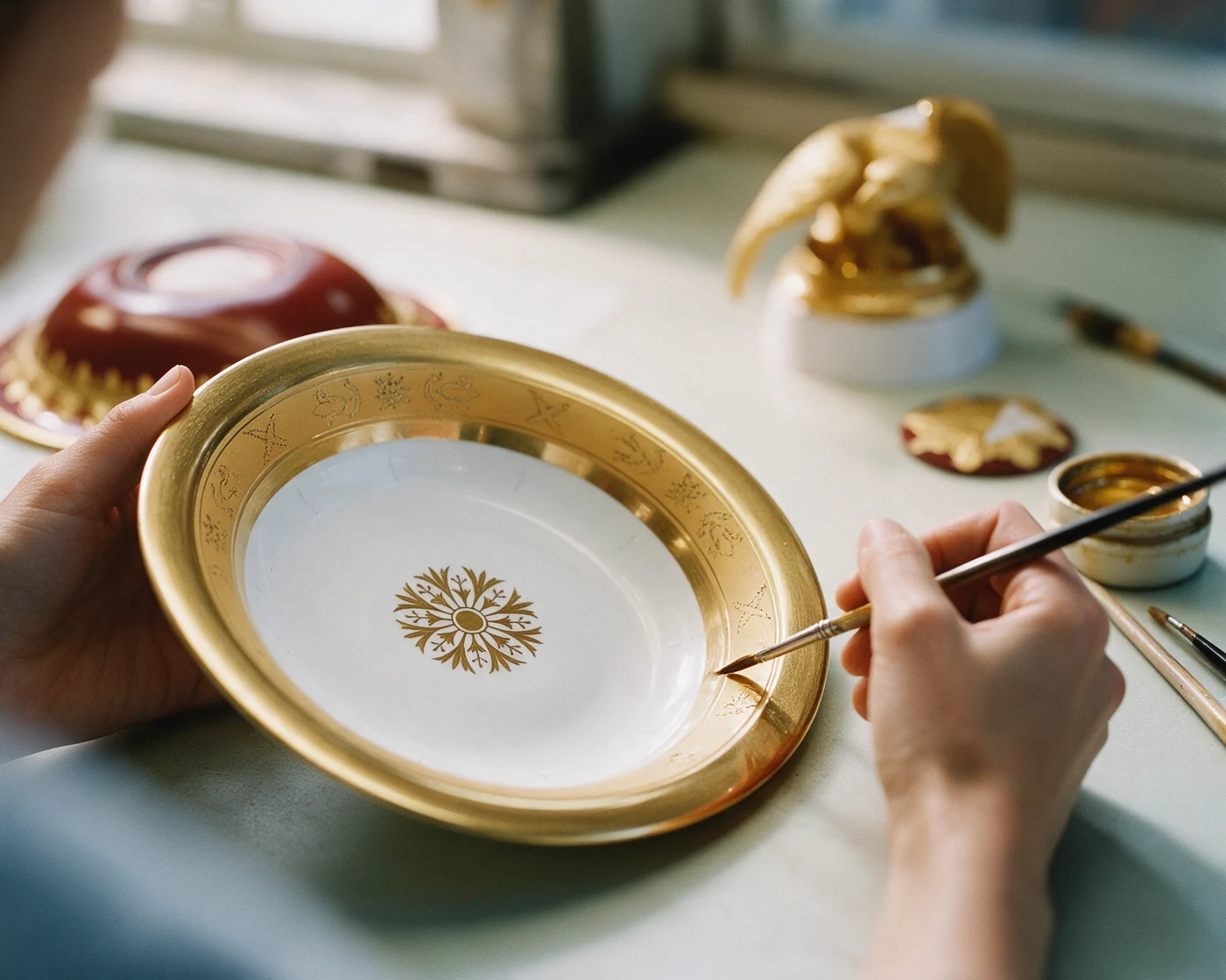 An artist gilding a plate by hand at the Imperial Porcelain Factory