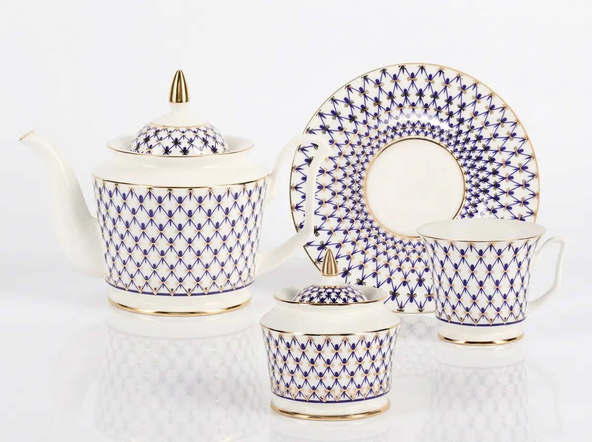 tulip-set-cobalt-net Tea Set for 6, 14 Pieces, Julia Shape, Cobalt Net Pattern