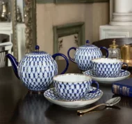 Tea Set for 6, 20 Pieces, Tulip Shape, Cobalt Net Pattern — view 4