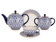 Tea Set for 6, 20 Pieces, Tulip Shape, Cobalt Net Pattern — view 2