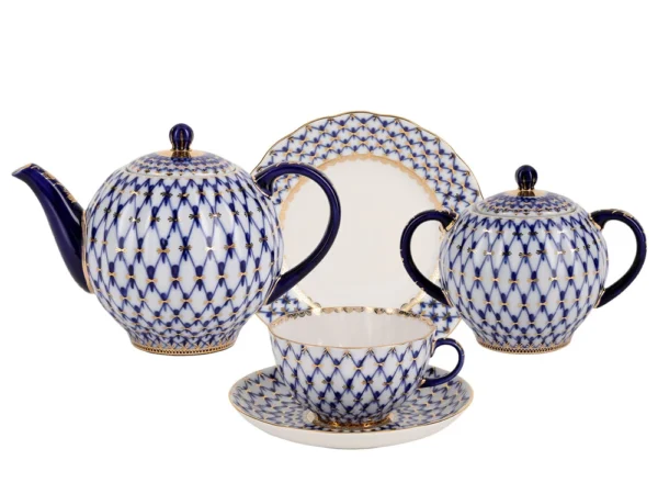Tea Set for 6, 20 Pieces, Tulip Shape, Cobalt Net Pattern — view 2
