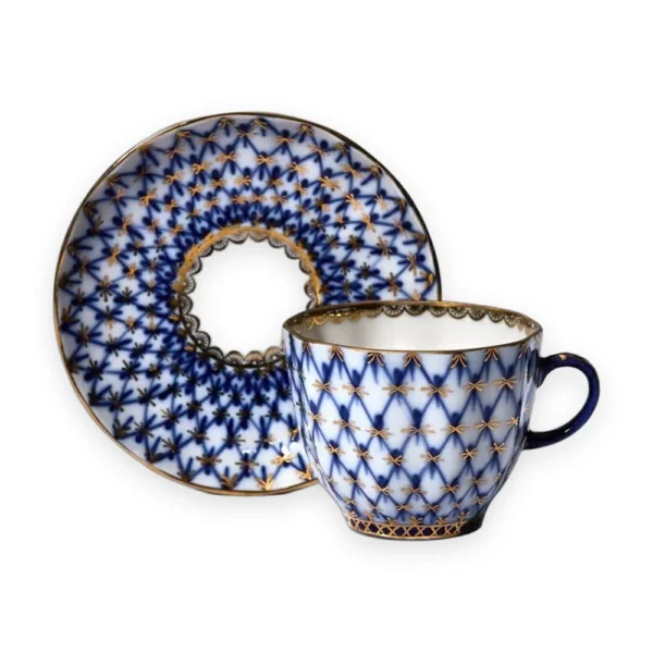 Coffee Cup and Saucer, 150 ml, Tulip Shape, Cobalt Net Pattern