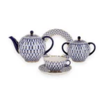 Tea Set for 6, 20 Pieces, Tulip Shape, Cobalt Net Pattern