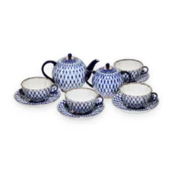 Tea Set for 6, 14 Pieces, Tulip Shape, Cobalt Net Pattern