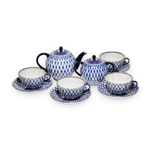 Tea Set for 6, 14 Pieces, Tulip Shape, Cobalt Net Pattern
