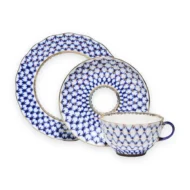 Teacup, Saucer and Dessert Plate Set, 250 ml, Tulip Shape, Cobalt Net Pattern