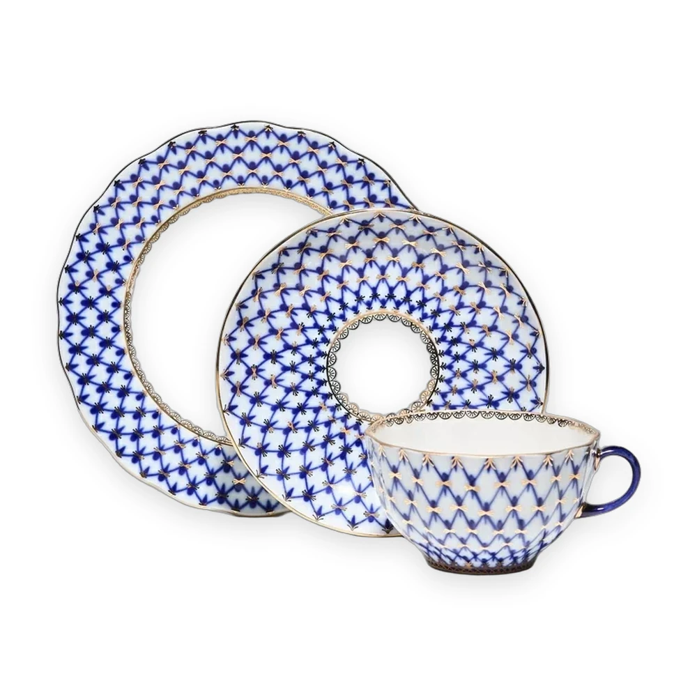 lomonosov-cobalt-net-teacup-trio-tulip-81-10103-00-1-01.webp Teacup, Saucer and Dessert Plate Set, 250 ml, Tulip Shape, Cobalt Net Pattern