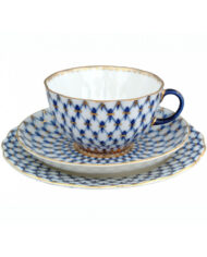 Teacup, Saucer and Dessert Plate Set, 250 ml, Tulip Shape, Cobalt Net Pattern — view 2