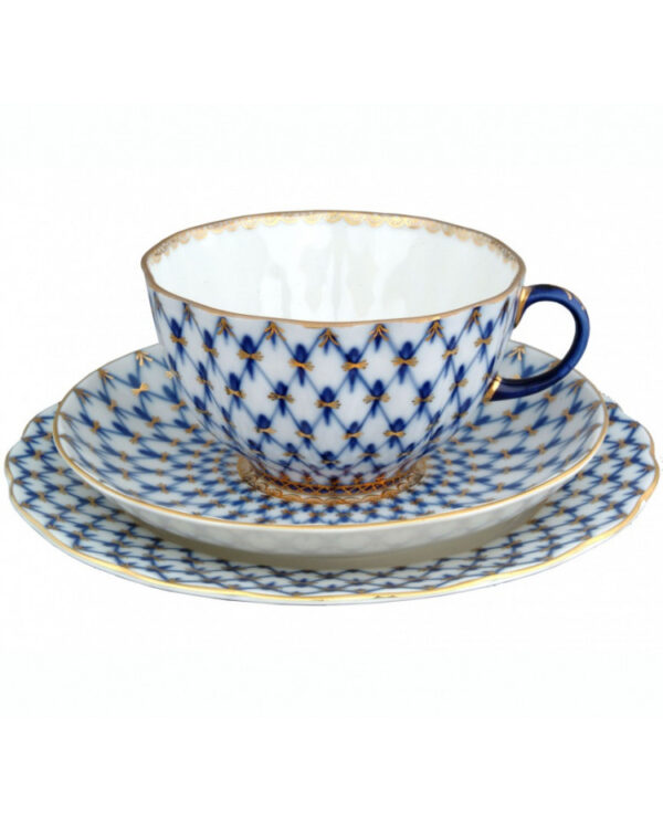 Teacup, Saucer and Dessert Plate Set, 250 ml, Tulip Shape, Cobalt Net Pattern — view 2